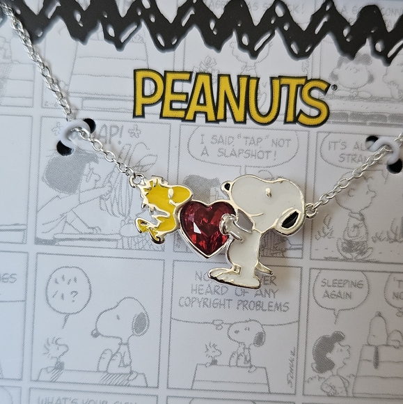 Peanuts Womens Snoopy and Woodstock Red Crystal Silver Plated Heart Necklace - Picture 8 of 12
